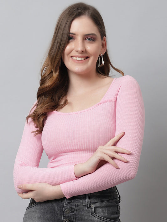 Regular Fit U-Neck Cotton Ribbed Pink Top