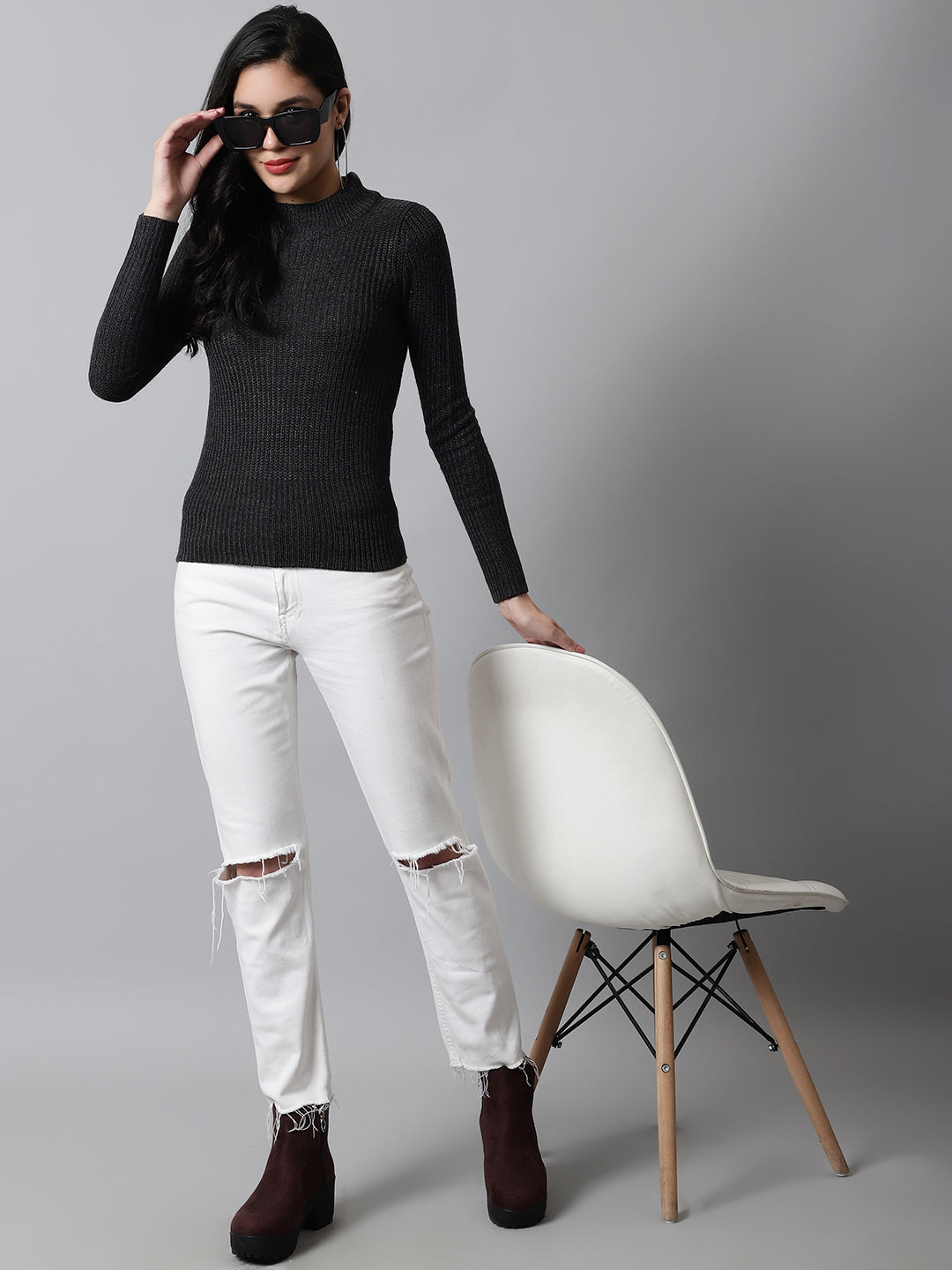 Acrylic Turtle Neck Rib Knit Metallic Thread Sweater – NoBarr