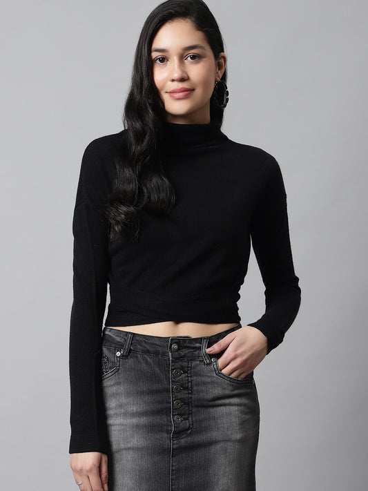 Viscose High-Neck Full Sleeve Back knot Black Sweater