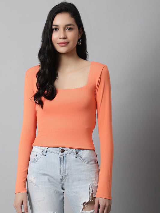 Regular Fit Square Neck Full Sleeve Orange Top