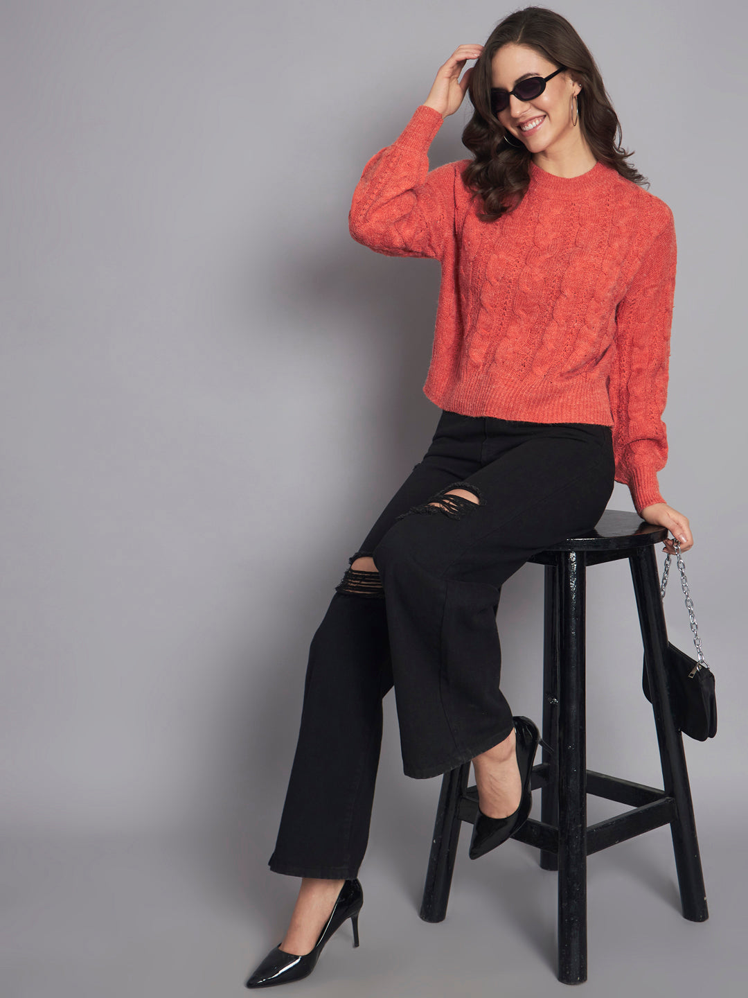 Acrylic Round Neck Full Sleeve Crop Orange Sweater