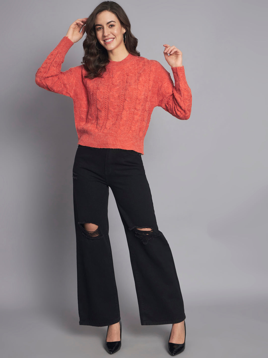 Acrylic Round Neck Full Sleeve Crop Orange Sweater