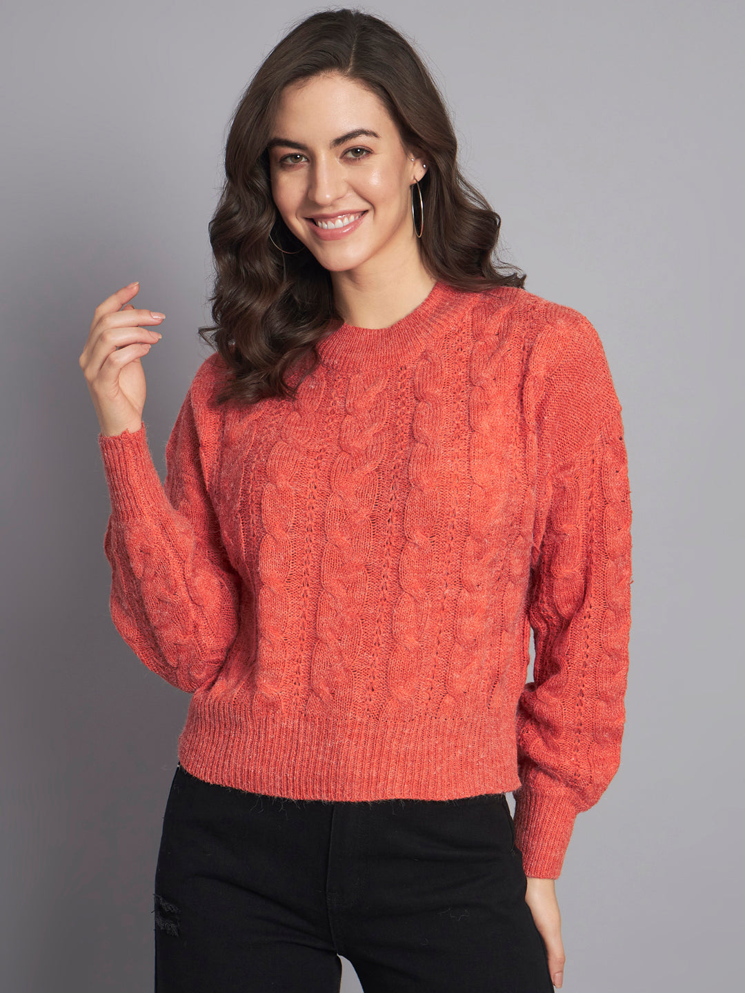 Acrylic Round Neck Full Sleeve Crop Orange Sweater