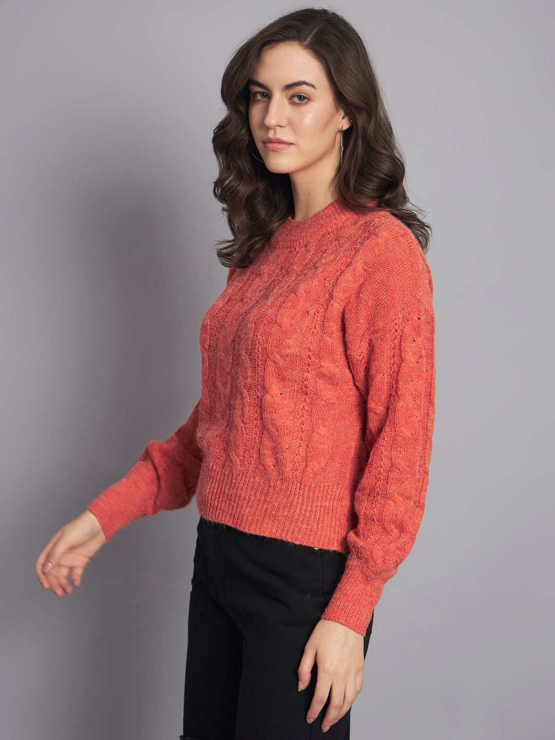 Acrylic Round Neck Full Sleeve Crop Orange Sweater