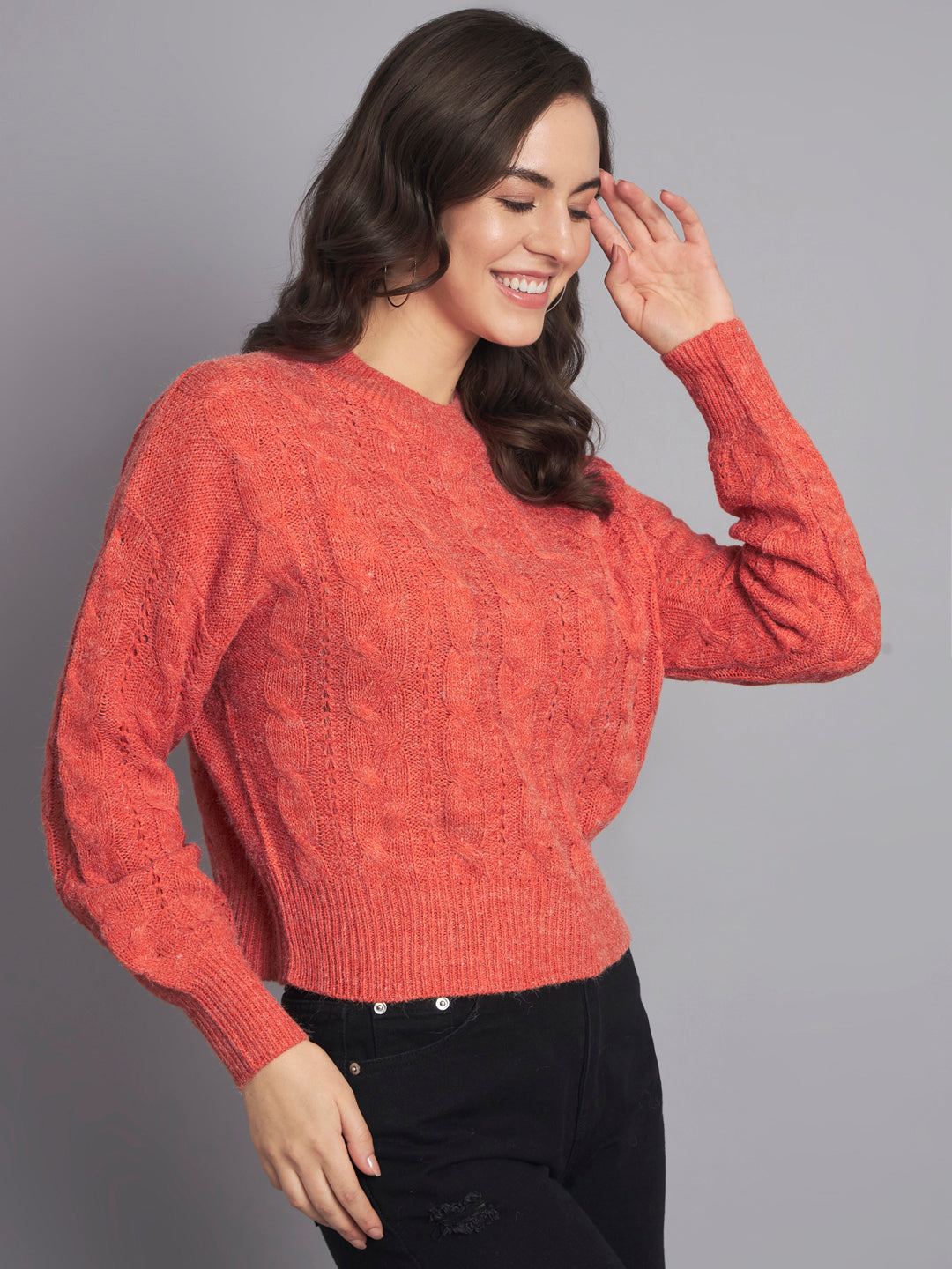 Acrylic Round Neck Full Sleeve Crop Orange Sweater