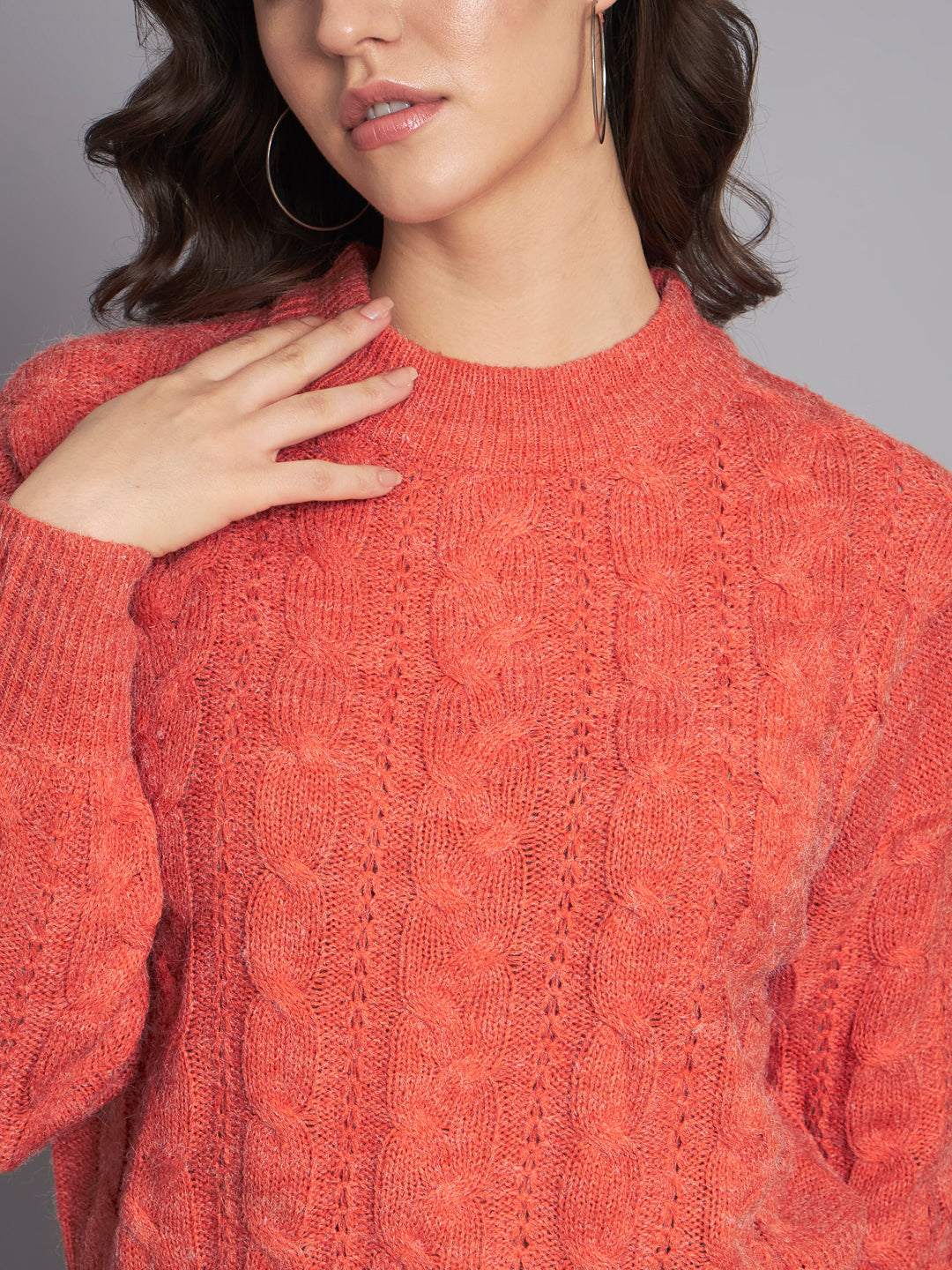 Acrylic Round Neck Full Sleeve Crop Orange Sweater