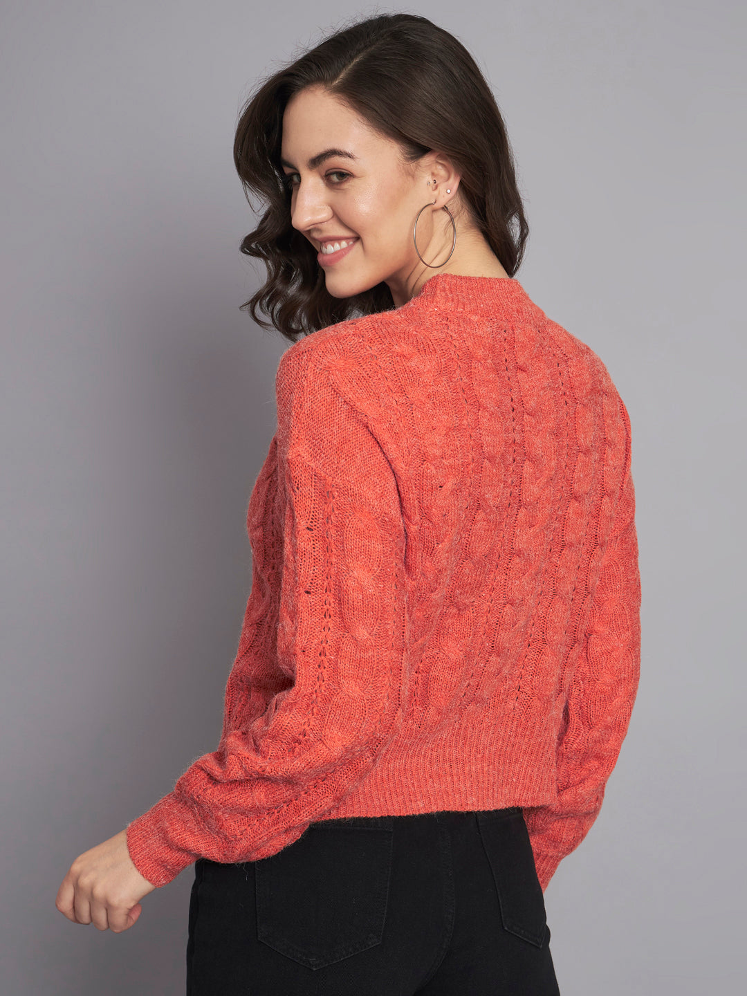 Acrylic Round Neck Full Sleeve Crop Orange Sweater