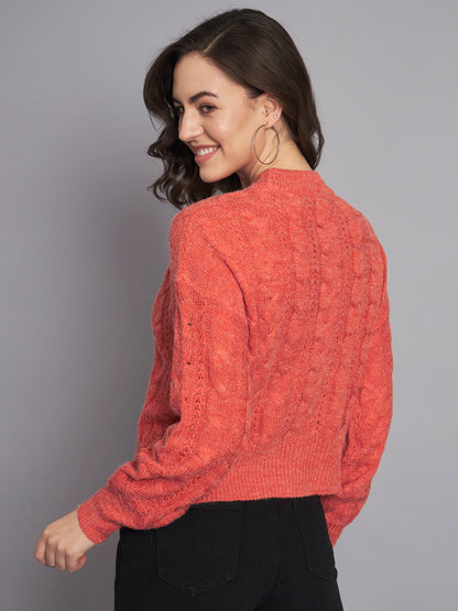 Acrylic Round Neck Full Sleeve Crop Orange Sweater