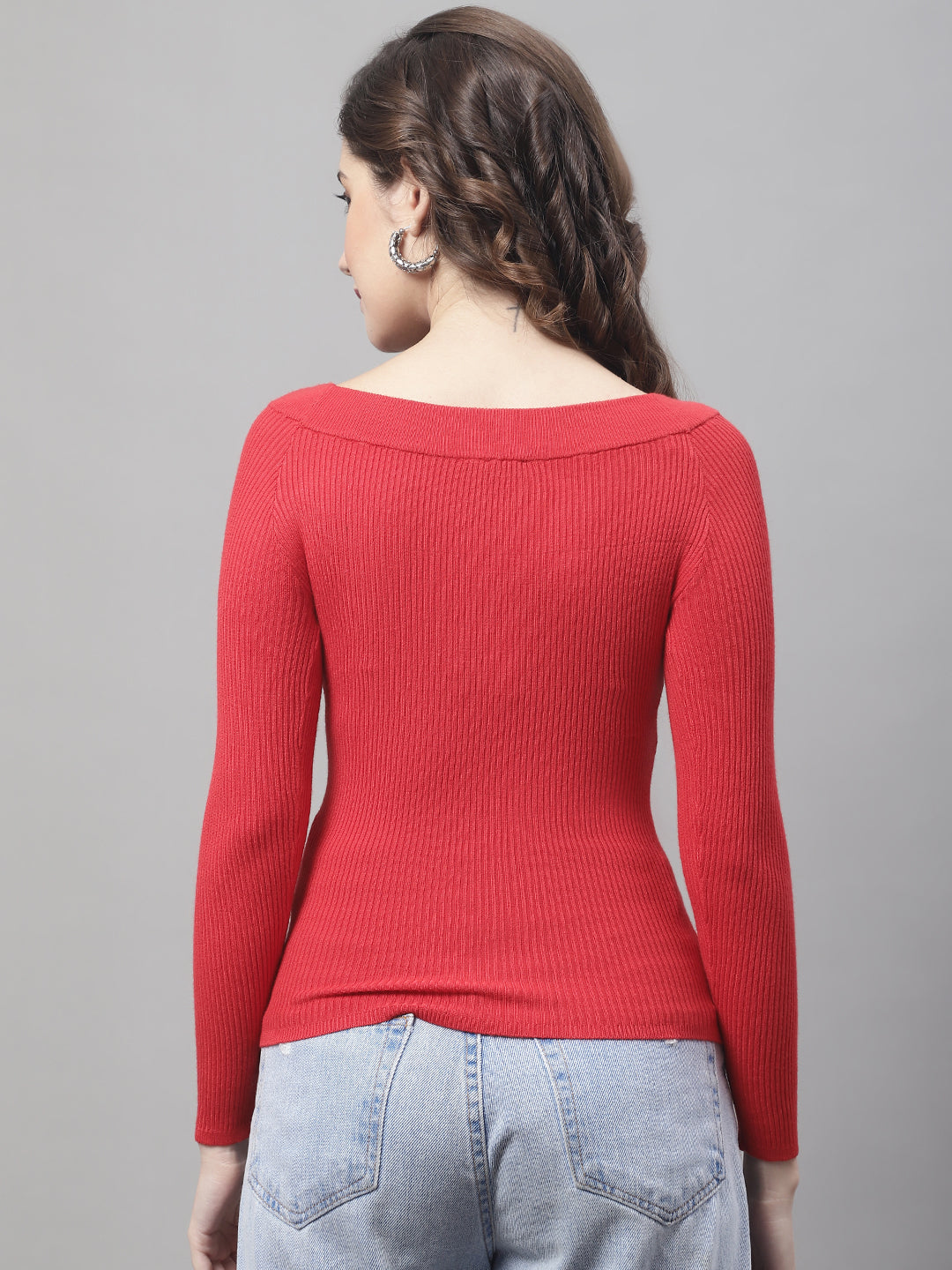 Full Sleeve Boat Neck Ribbed Red Top – NoBarr
