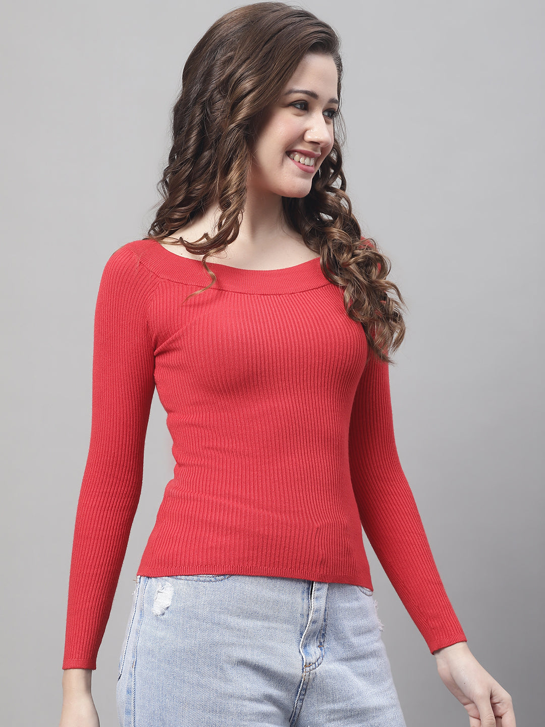 Full Sleeve Boat Neck Ribbed Red Top – NoBarr