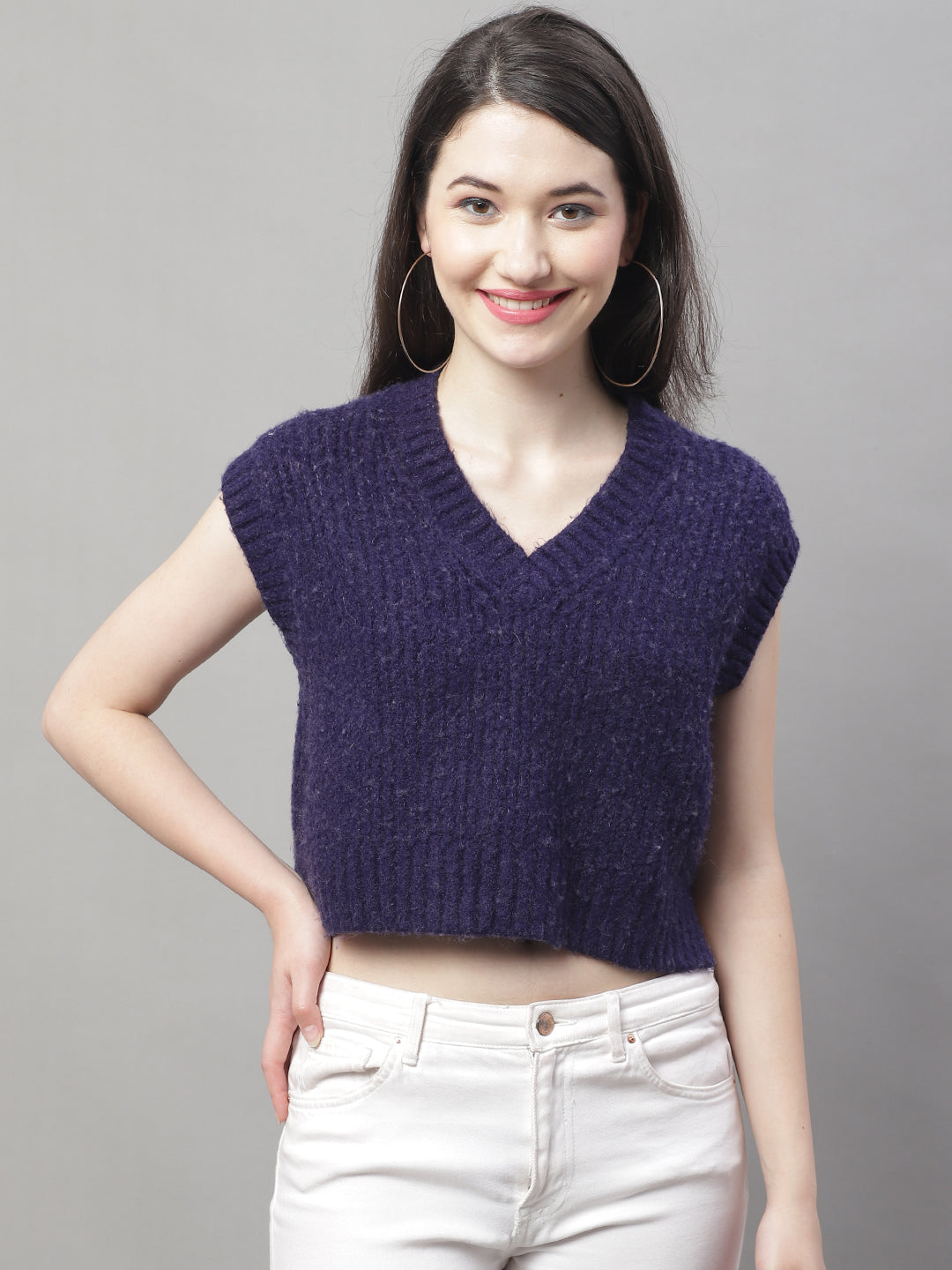 Acrylic Crop V-Neck Sleeveless Blue Sweater