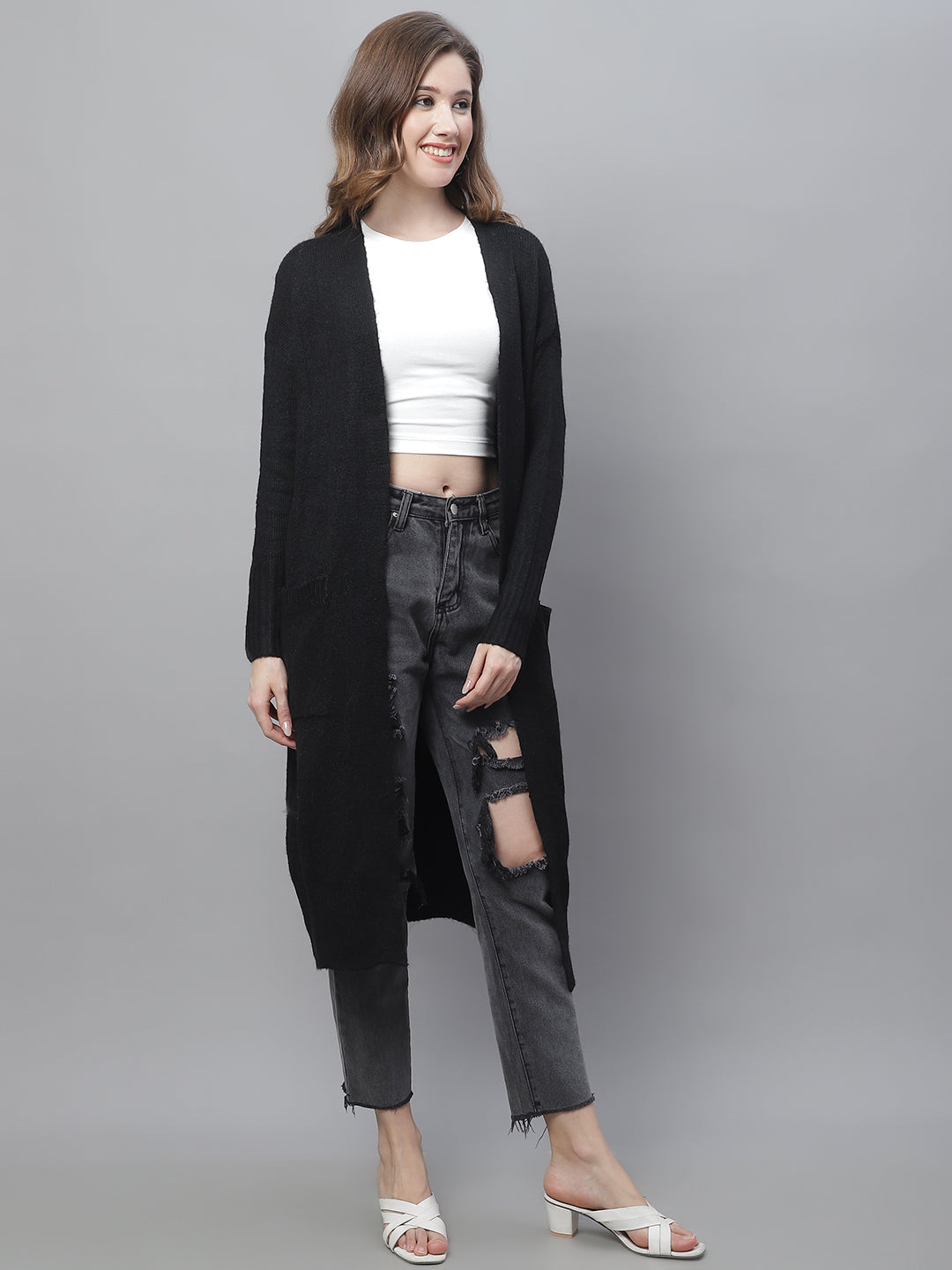 Polyester Full Sleeve Front Open Black Shrug