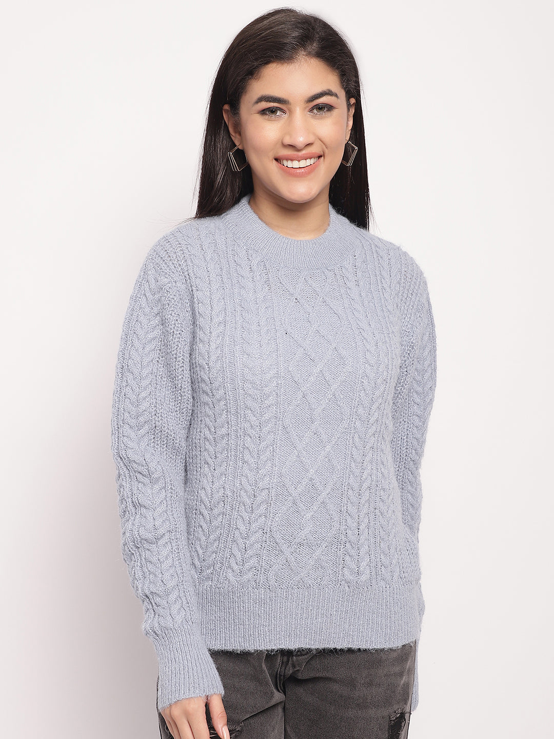 Acrylic Round Neck Full Sleeve Cable Knit Light Blue Sweater