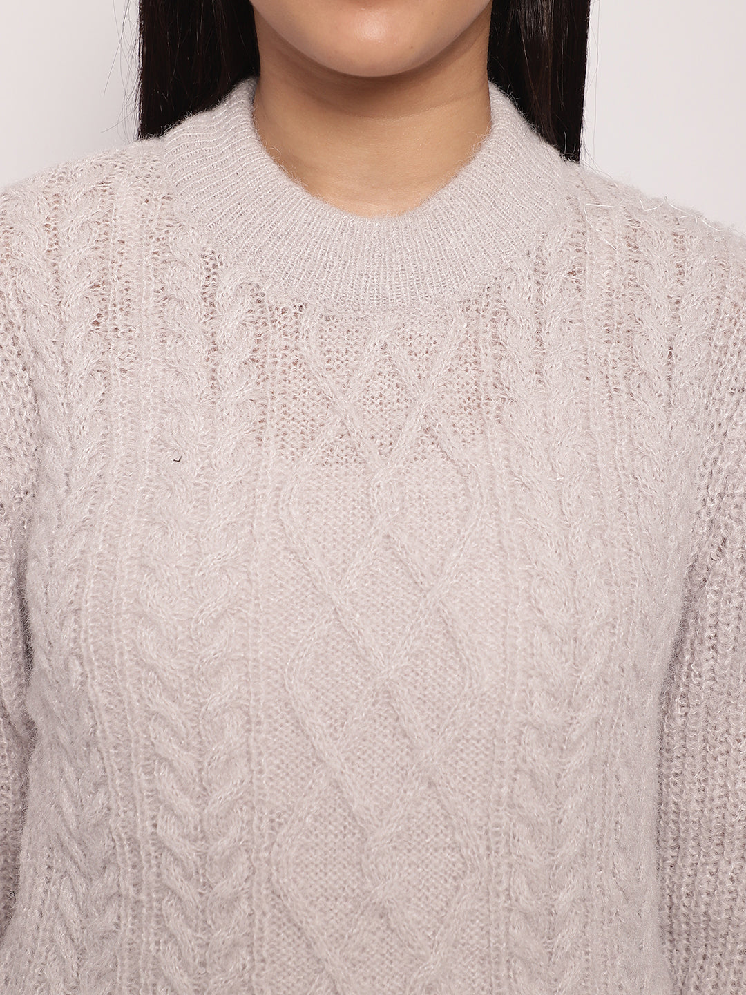 Acrylic Round Neck Full Sleeve Cable Knit Light Grey Sweater