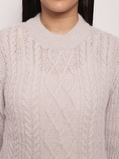 Acrylic Round Neck Full Sleeve Cable Knit Light Grey Sweater