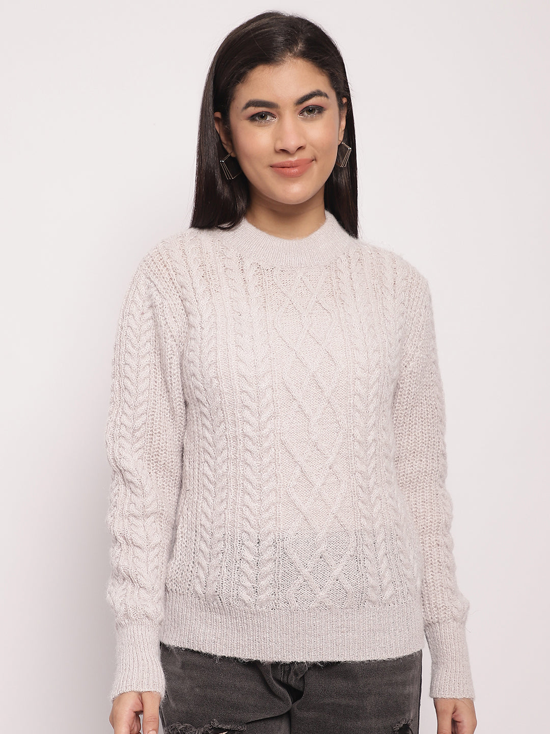 Acrylic Round Neck Full Sleeve Cable Knit Light Grey Sweater