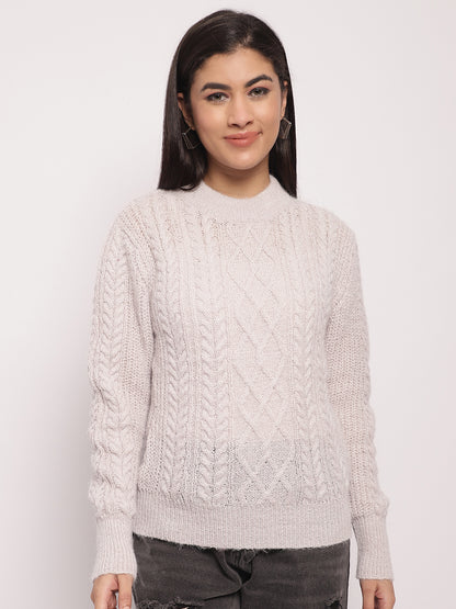 Acrylic Round Neck Full Sleeve Cable Knit Light Grey Sweater