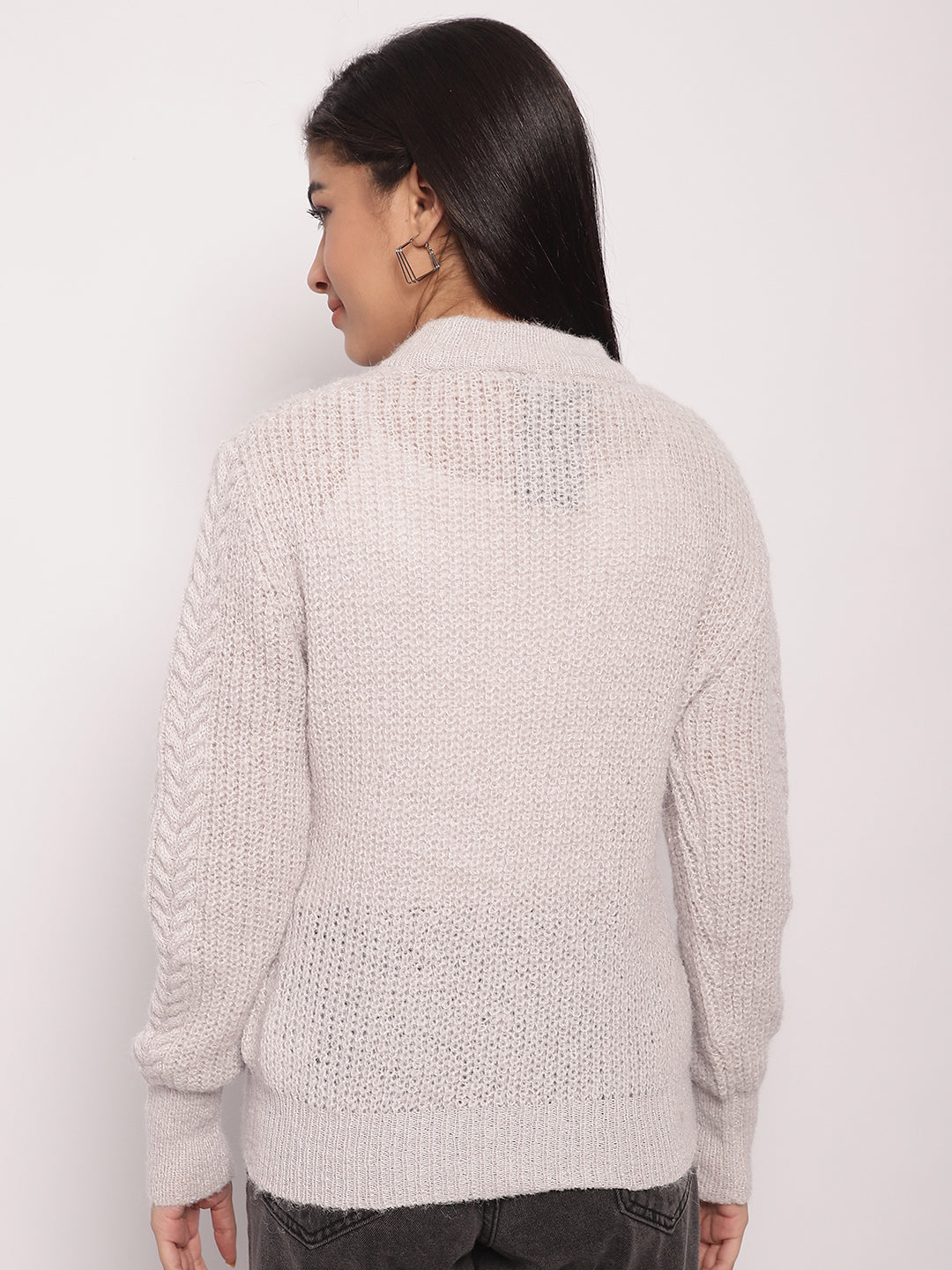 Acrylic Round Neck Full Sleeve Cable Knit Light Grey Sweater