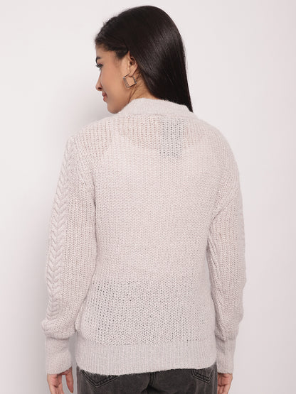 Acrylic Round Neck Full Sleeve Cable Knit Light Grey Sweater