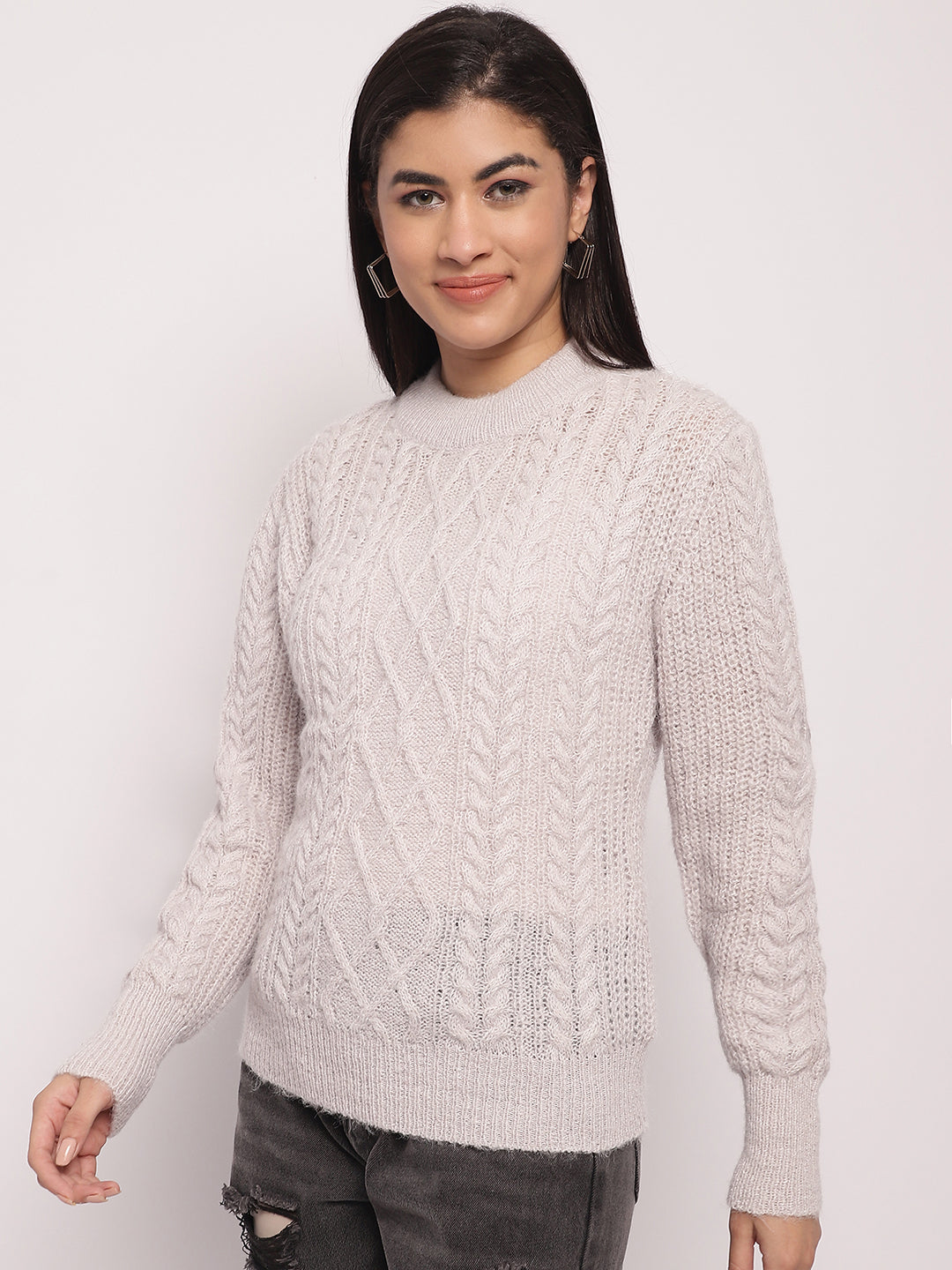 Acrylic Round Neck Full Sleeve Cable Knit Light Grey Sweater