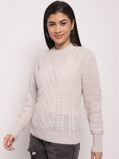 Acrylic Round Neck Full Sleeve Cable Knit Light Grey Sweater