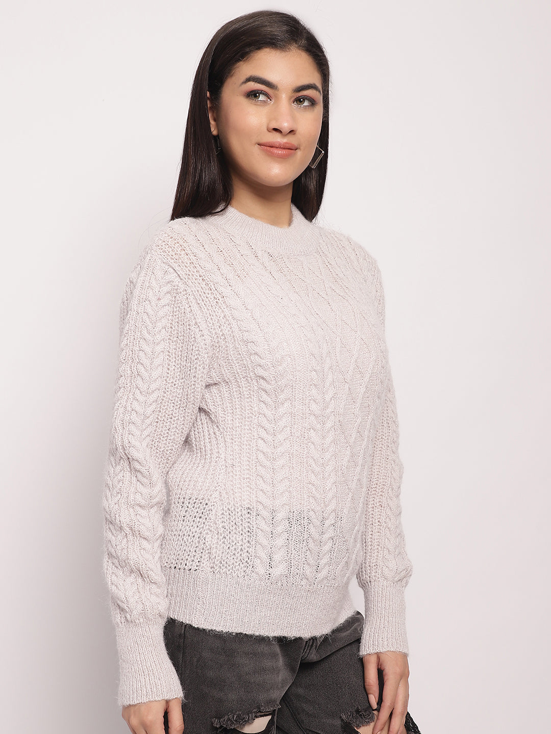 Acrylic Round Neck Full Sleeve Cable Knit Light Grey Sweater