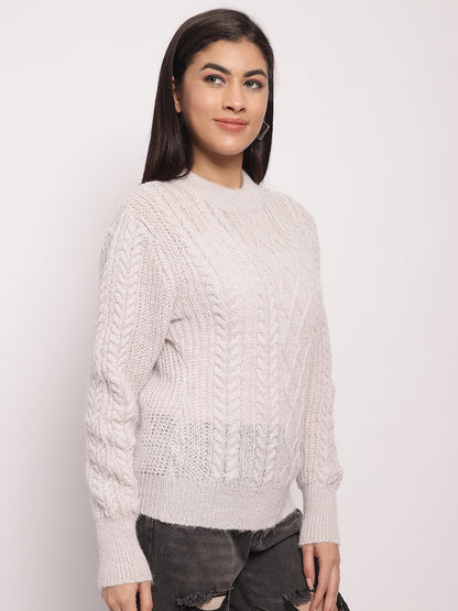 Acrylic Round Neck Full Sleeve Cable Knit Light Grey Sweater