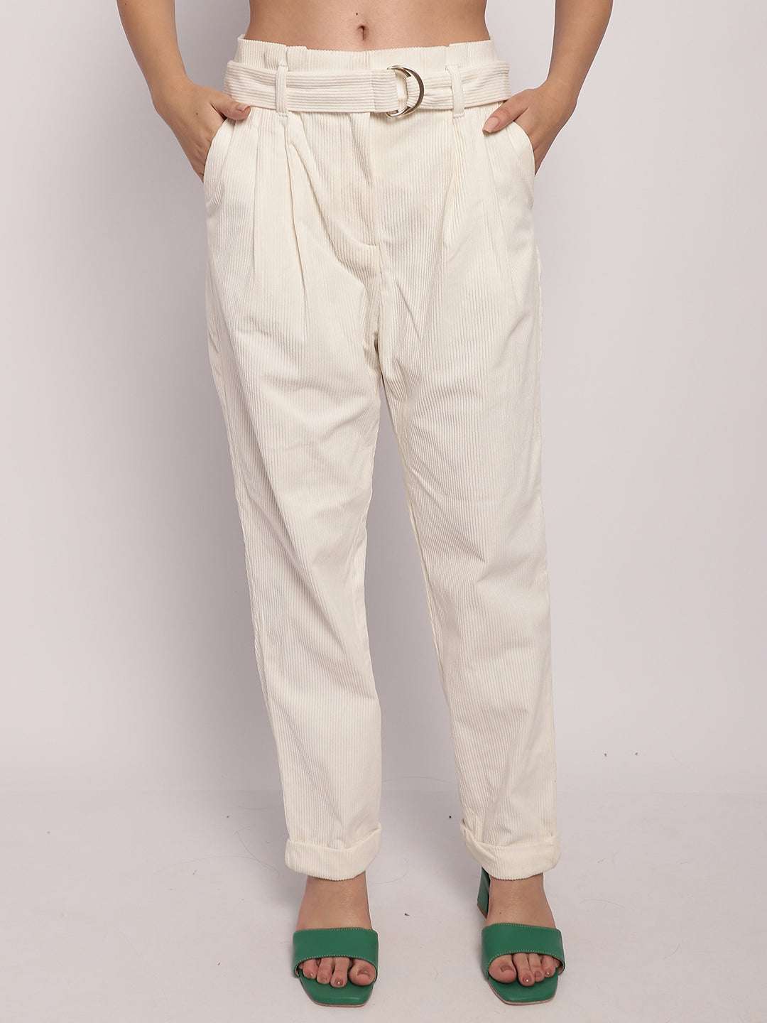 Regular Fit Polyester 2 Pocket Cream Trouser