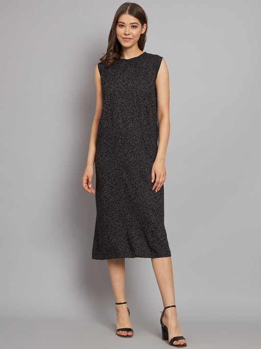 Shift Round Neck Printed Black Dress