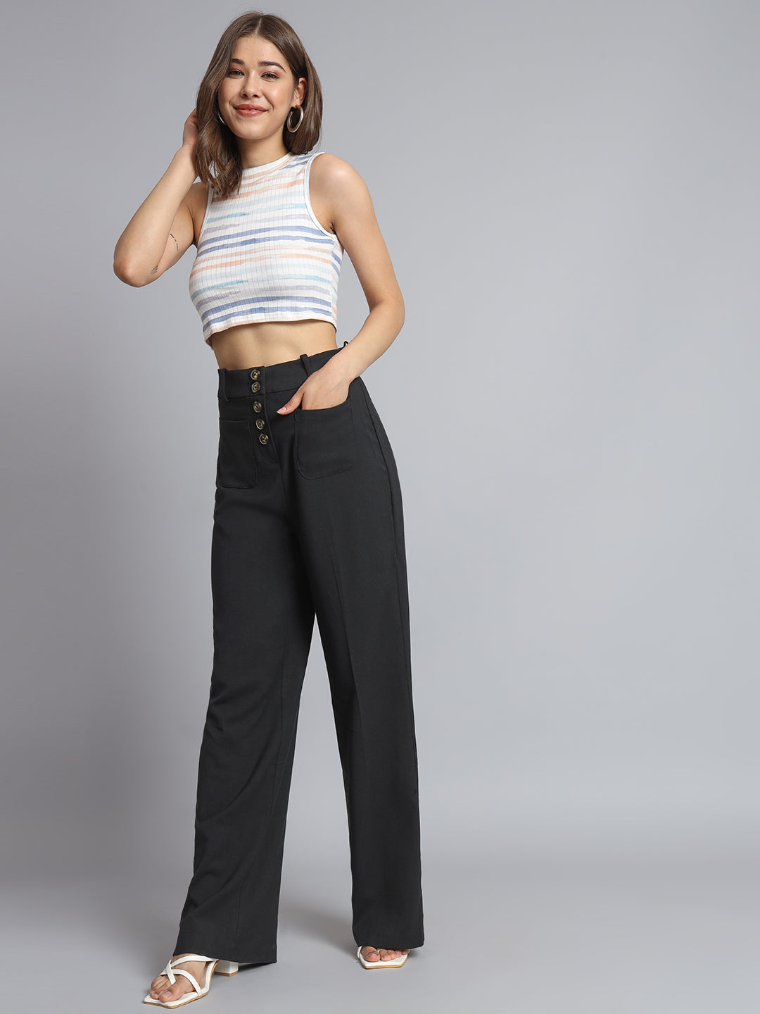 Office wear plus Size Button-Front Wide Leg Pants