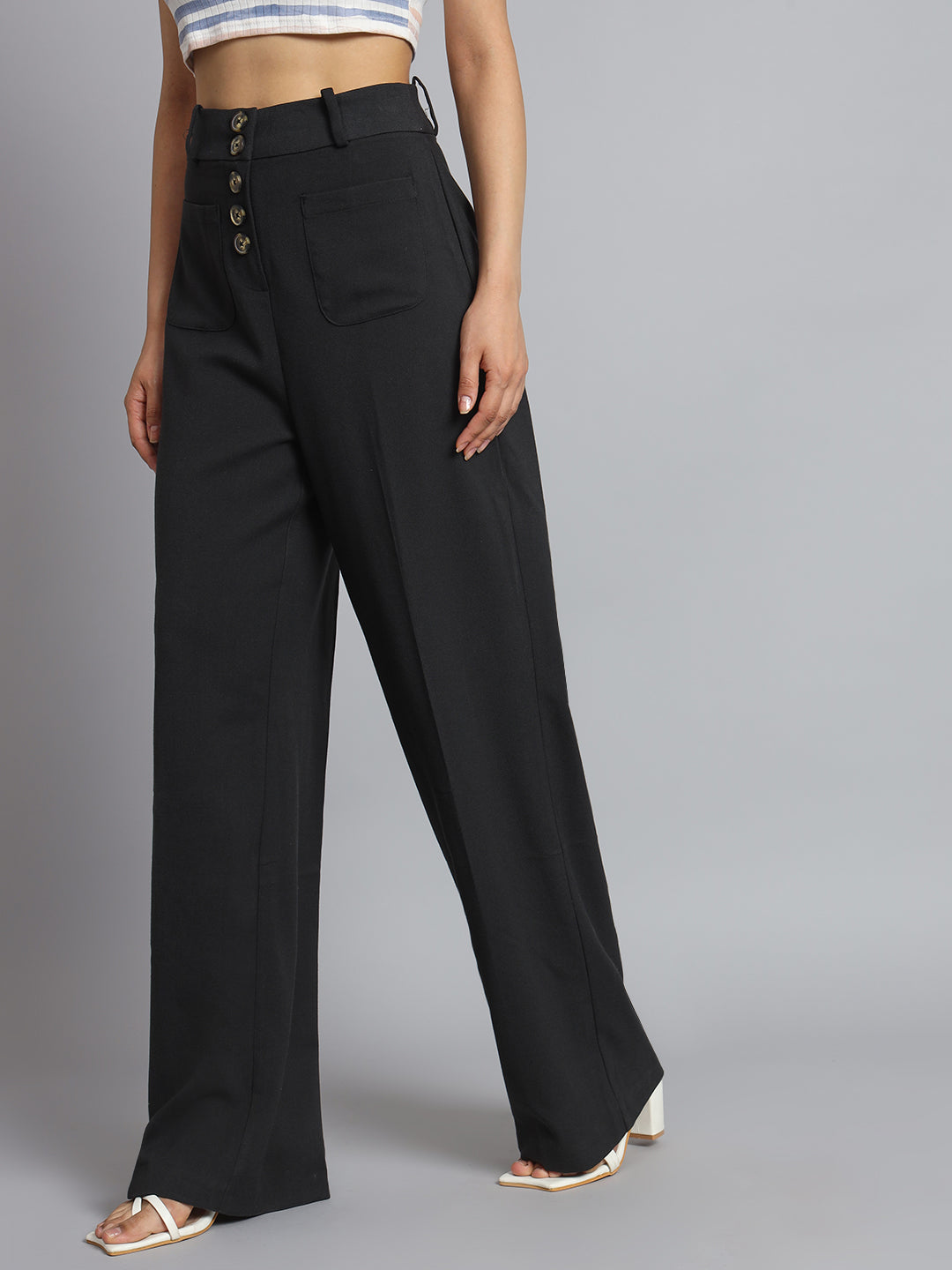 Office wear plus Size Button-Front Wide Leg Pants