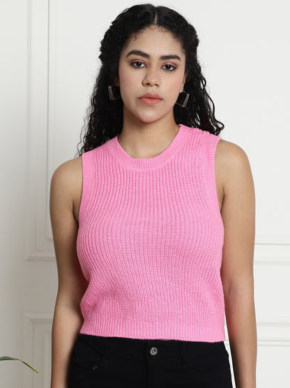 Round Neck with Back Tie-Up Pink Top