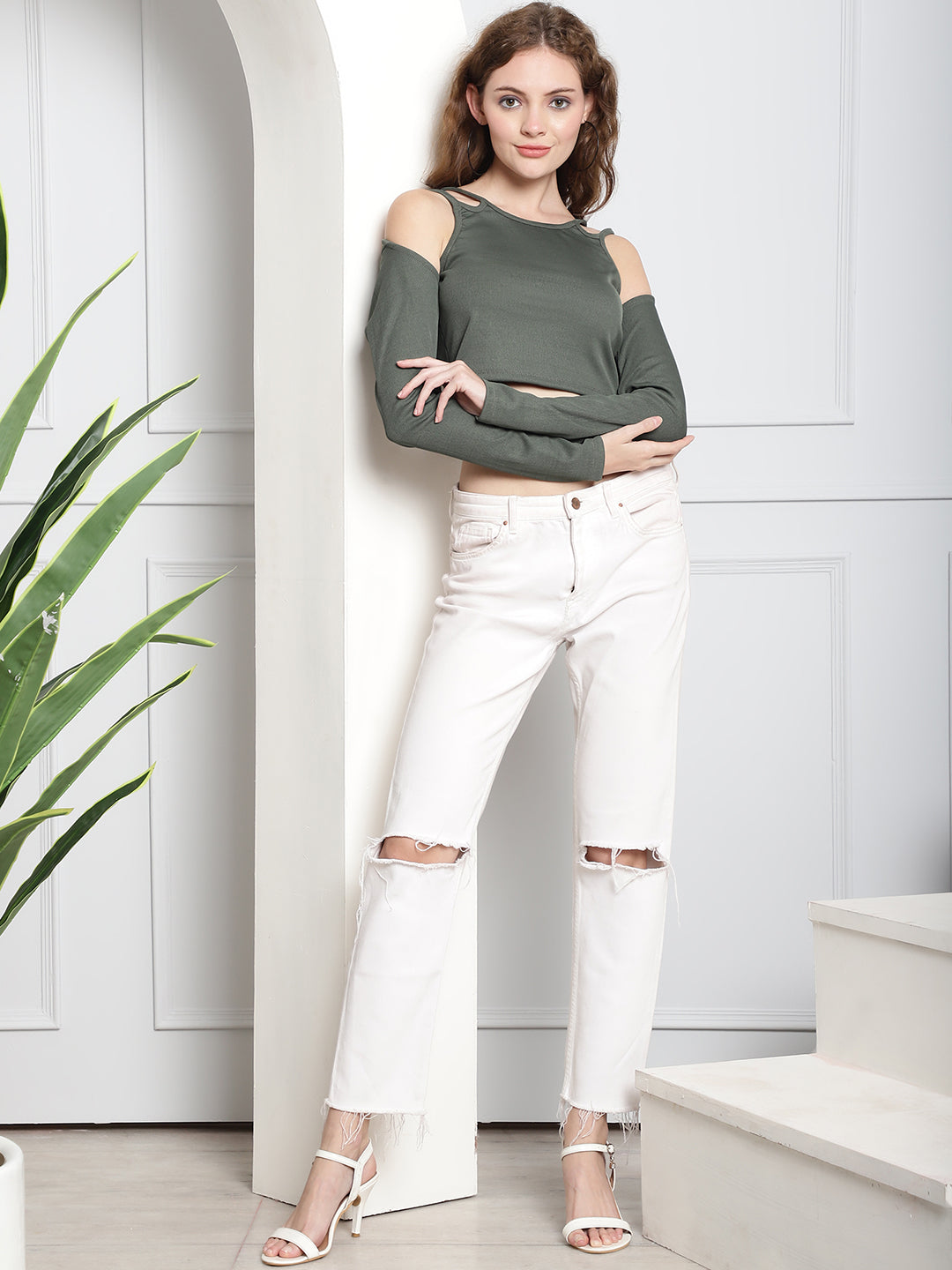 Polyester Cut Out Polyester Cut-Out Full Sleeve Dark Green top – NoBarr
