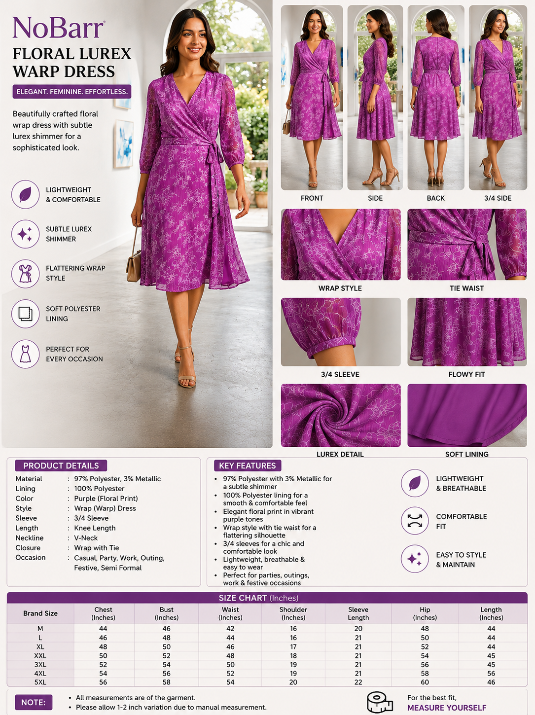 Purple Floral Lurex Wrap Dress | 97% Polyester 3% Metallic | 3/4 Sleeve | Floral Printed Party & Casual Dress