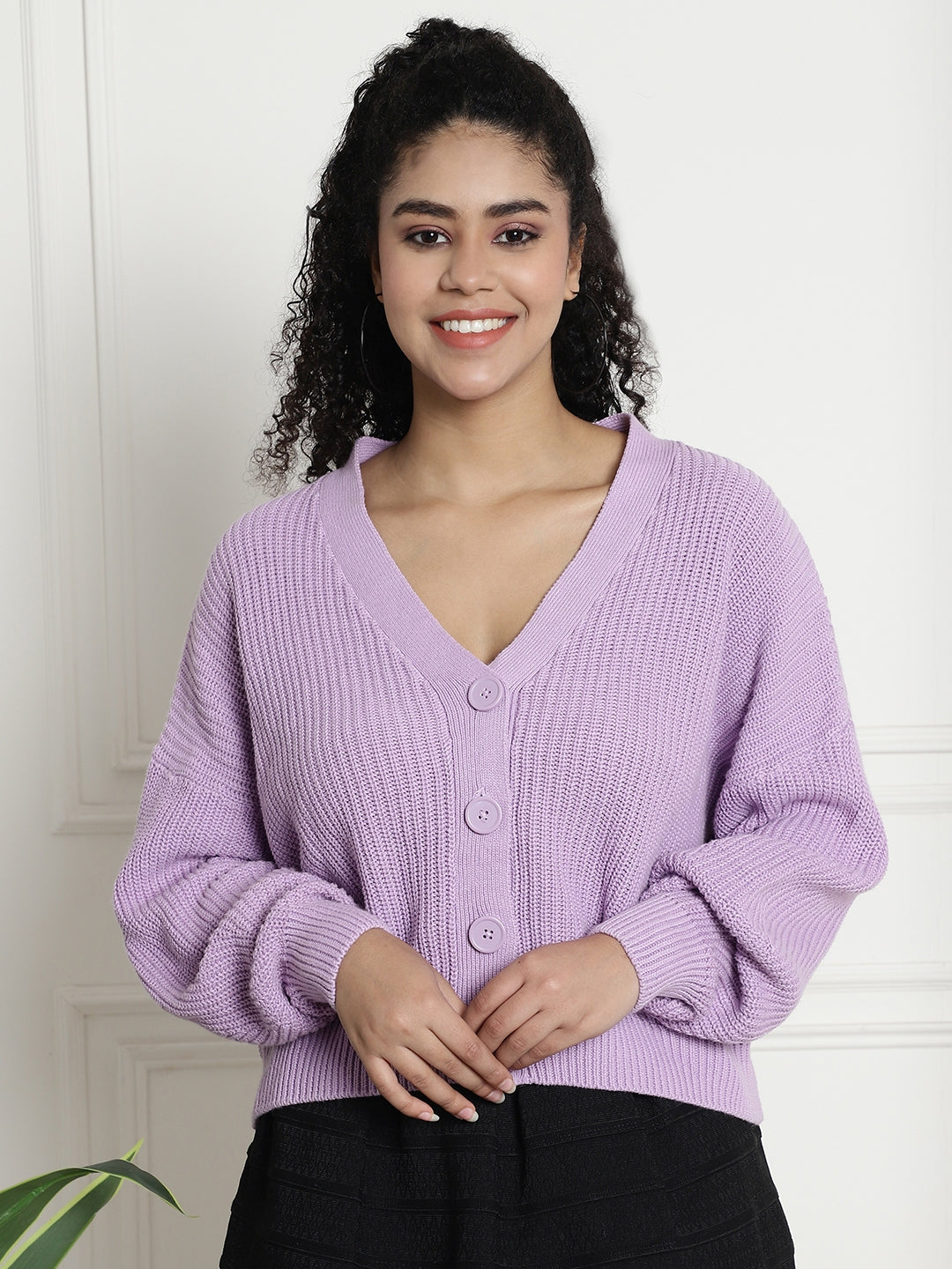 Open Front Buttons Closure Purple Cardigan – NoBarr