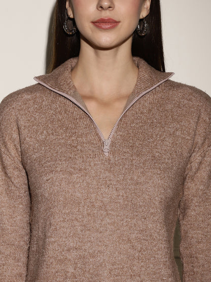 Acrylic Full Sleeve Brown Sweater with Collar