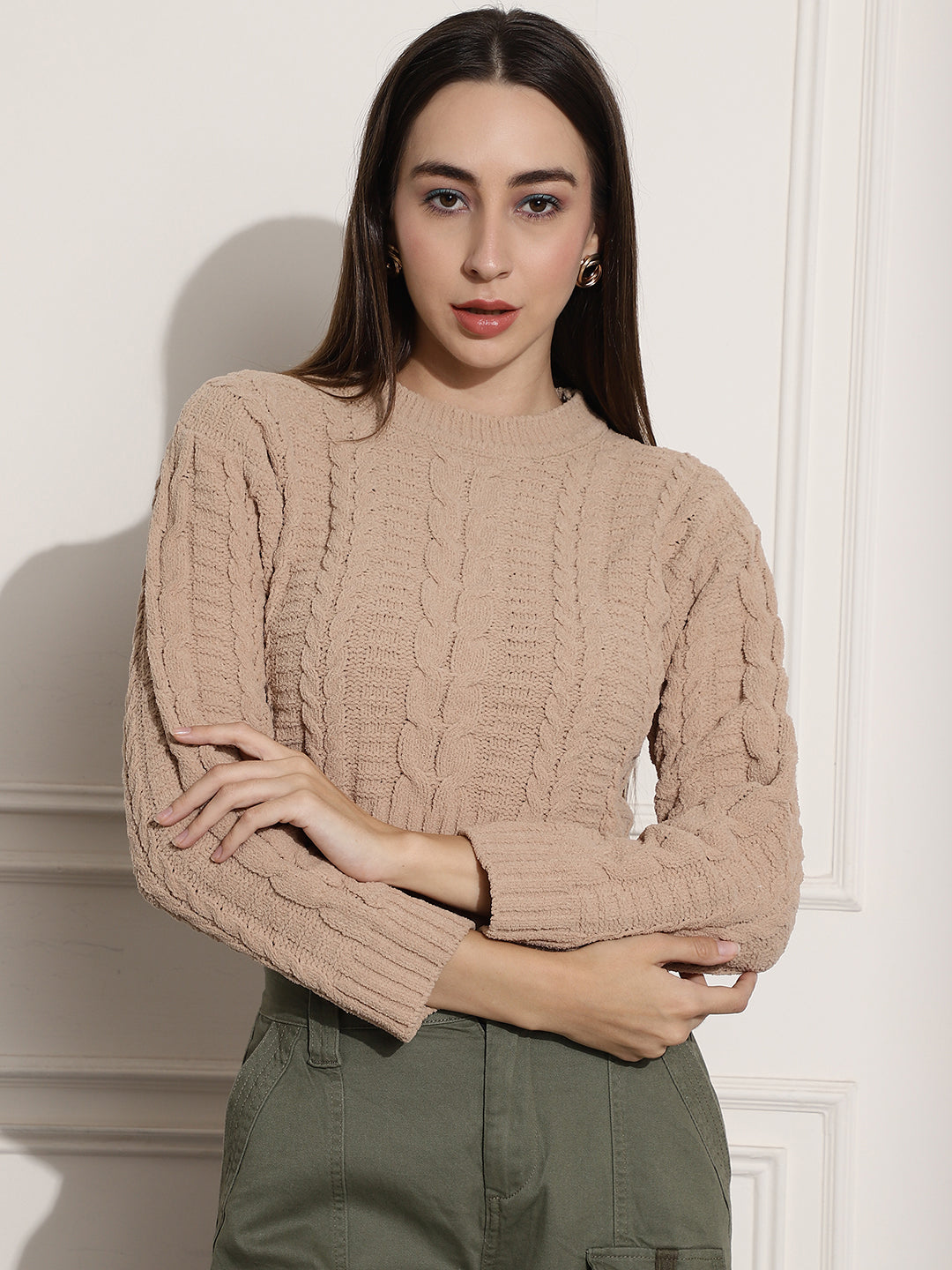 Acrylic Round-Neck Full Sleeve Brown Sweater