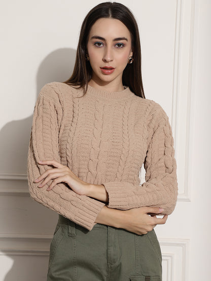 Acrylic Round-Neck Full Sleeve Brown Sweater