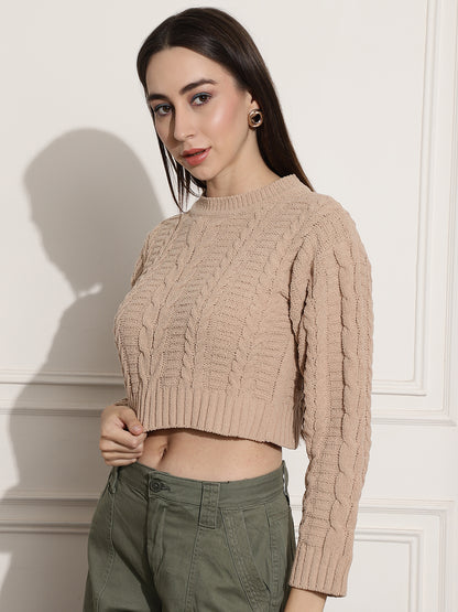 Acrylic Round-Neck Full Sleeve Brown Sweater