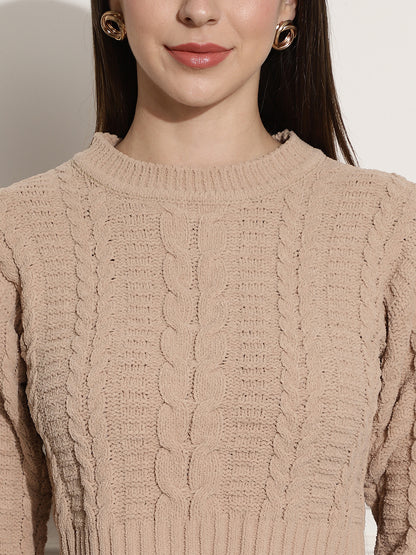 Acrylic Round-Neck Full Sleeve Brown Sweater