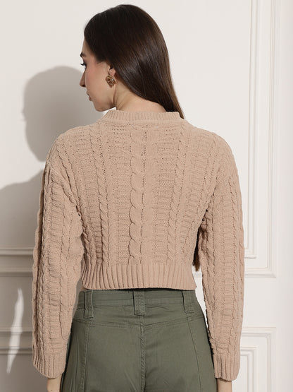 Acrylic Round-Neck Full Sleeve Brown Sweater