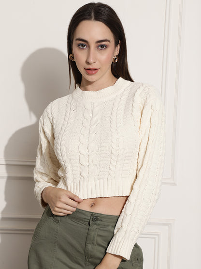 Acrylic Round-Neck Full Sleeve Off-White Sweater