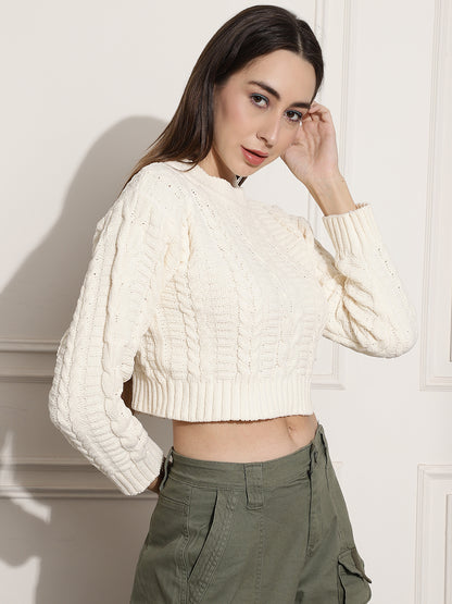 Acrylic Round-Neck Full Sleeve Off-White Sweater