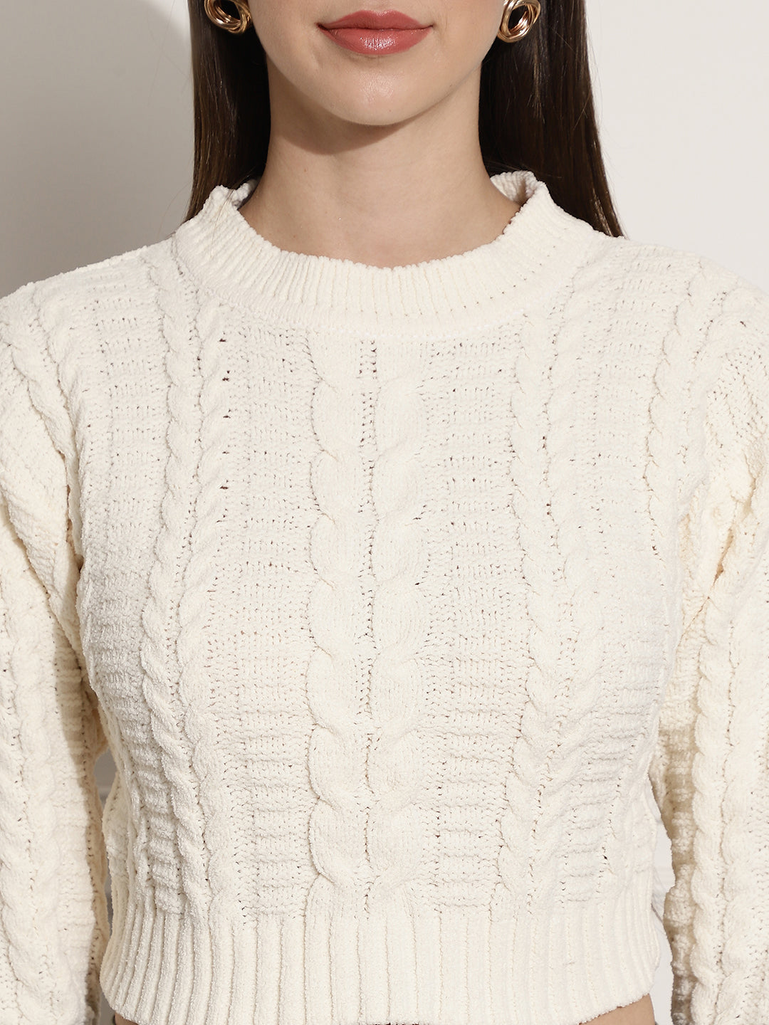 Acrylic Round-Neck Full Sleeve Off-White Sweater