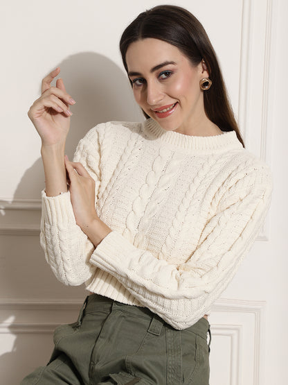 Acrylic Round-Neck Full Sleeve Off-White Sweater