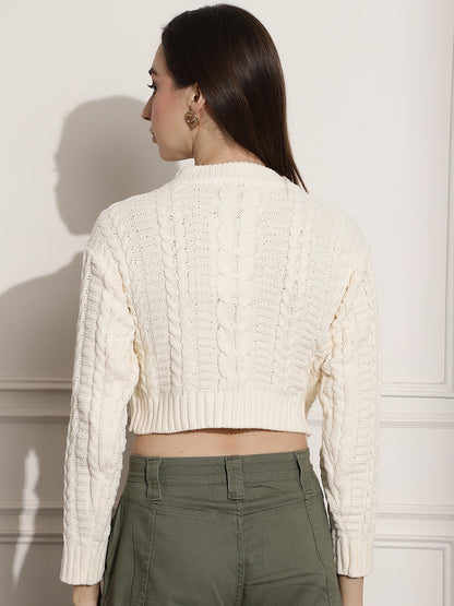 Acrylic Round-Neck Full Sleeve Off-White Sweater