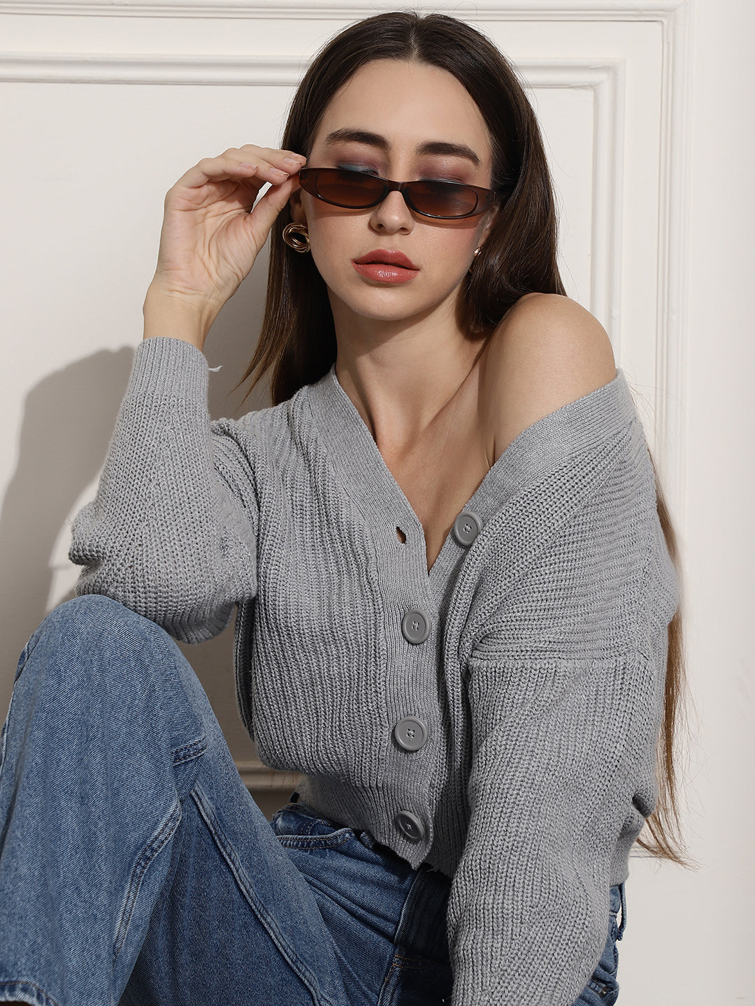 Button Rib Jacket Rib-knit V-neck With Buttons Grey cardigan – NoBarr