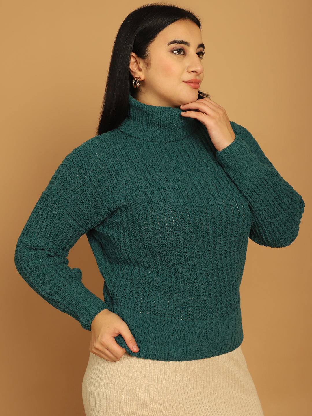 Acrylic Full Sleeve Solid Dark Green Sweater