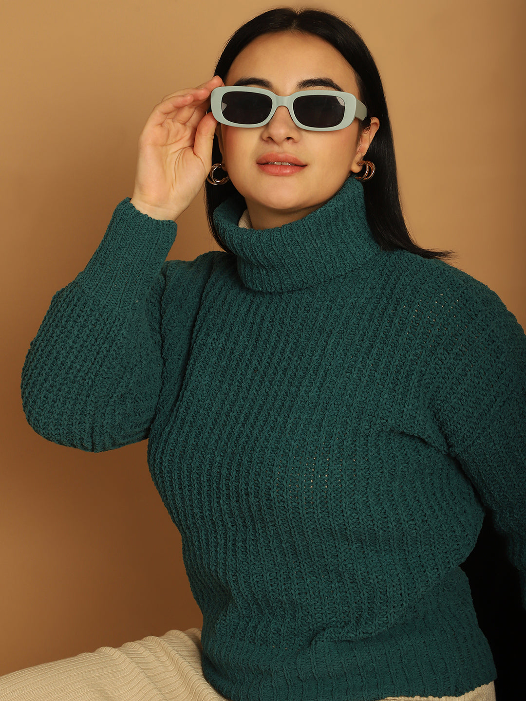 Acrylic Full Sleeve Solid Dark Green Sweater