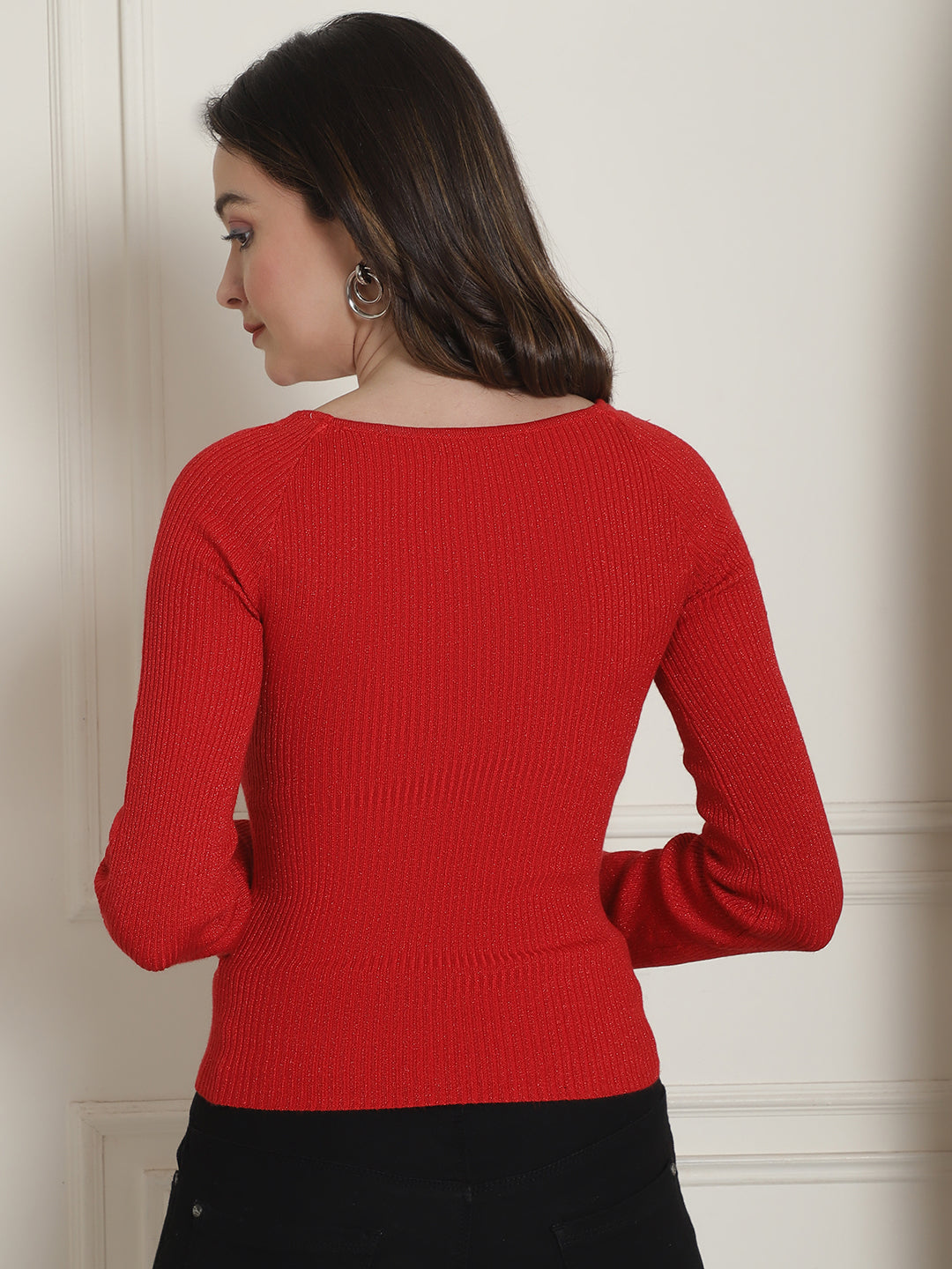 Acrylic Sexy Sweetheart Neck Ribbed Knit Red Top